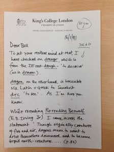 Handwritten letter from "John" to Bill Griffiths dated 16th January 1991, discussing roots of the word dragon.